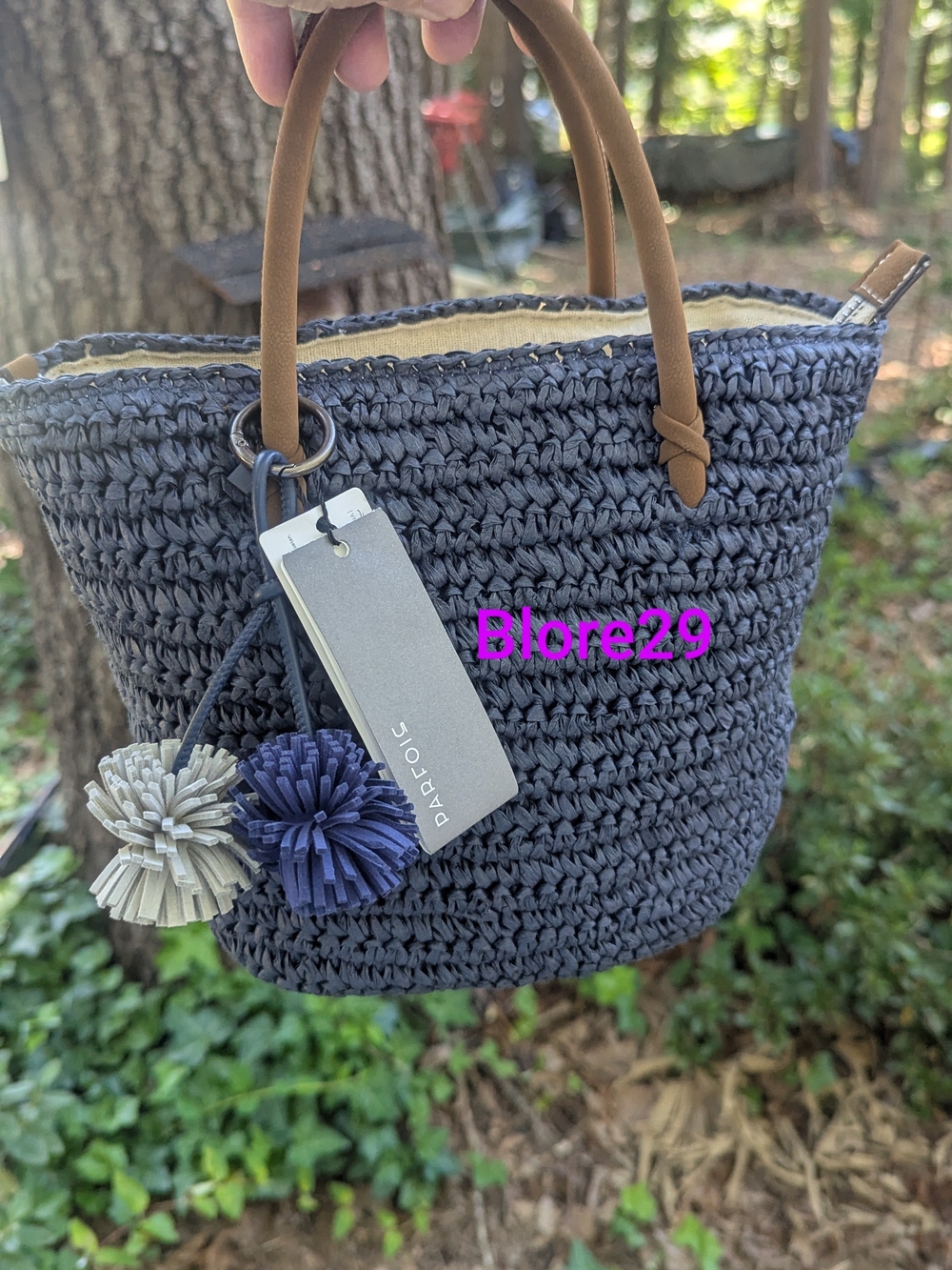 Navy Crotchet Satchel with Poms Poms